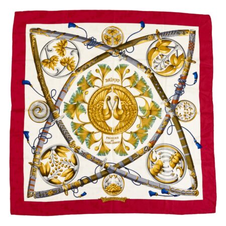 Hermes Silk Scarf Carre 90 "Daimyo Princes du Soleil Levant" Red Silk Scarf