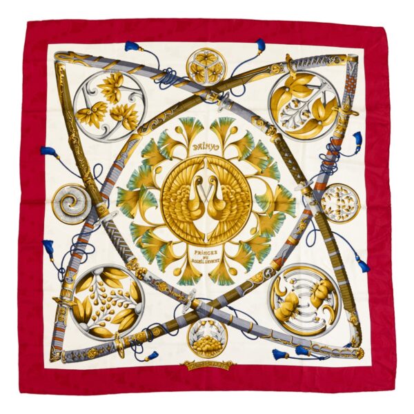 Hermes Silk Scarf Carre 90 "Daimyo Princes du Soleil Levant" Red Silk Scarf