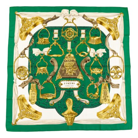 Hermes Silk Scarf Carre 90 "ETRIERS" Green Silk Scarf