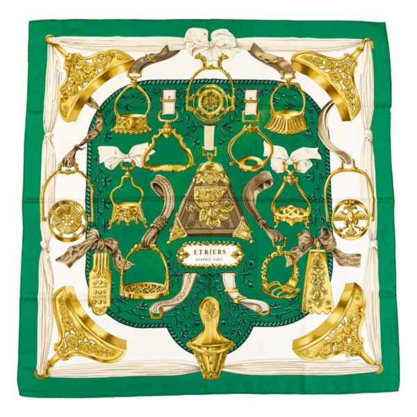 Hermes Silk Scarf Carre 90 "ETRIERS" Green Silk Scarf