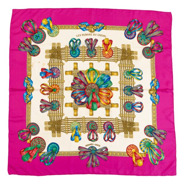 Bad! Hermes Silk Scarf Carre 90 "Les Rubans du Cheval" Pink Silk Scarf