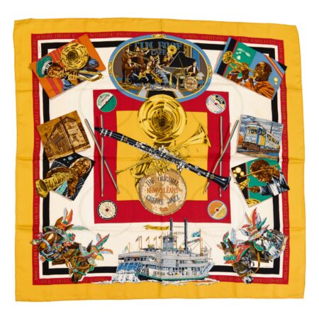Hermes Silk Scarf Carre 90 "The Original New Orleans Creole Jazz 1923" Yellow Silk Scarf