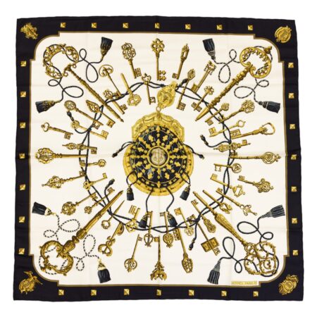 Hermes Silk Scarf Carre 90 "LES CLES" Black Silk Scarf