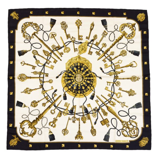 Hermes Silk Scarf Carre 90 "LES CLES" Black Silk Scarf