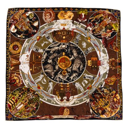 Hermes Silk Scarf Carre 90 "Les Mythologies des Hommes Rouge" Brown Silk Scarf