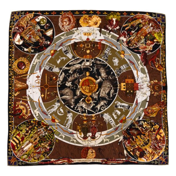 Hermes Silk Scarf Carre 90 "Les Mythologies des Hommes Rouge" Brown Silk Scarf