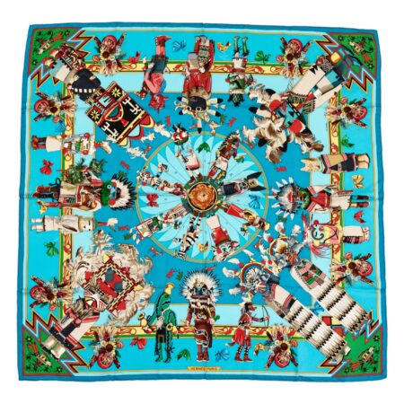Hermes Silk Scarf Carre 90 "Kachinas" Blue Silk Scarf