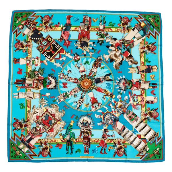 Hermes Silk Scarf Carre 90 "Kachinas" Blue Silk Scarf