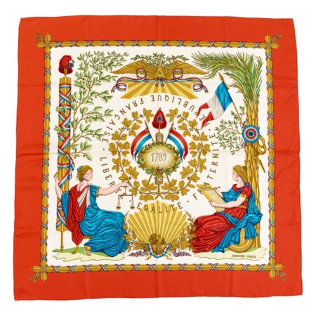 Hermes Silk Scarf Carre 90 "LIBERTE EGALITE FRATERNITE REPUBLIQUE FRANCAISE" Orange Silk Scarf