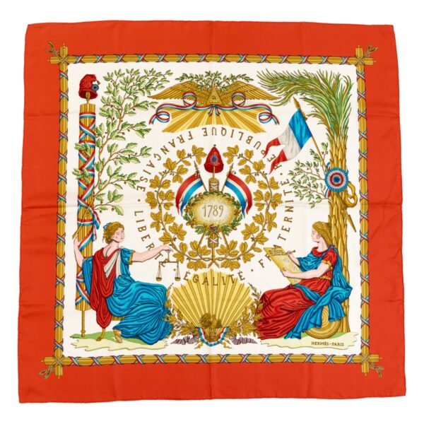 Hermes Silk Scarf Carre 90 "LIBERTE EGALITE FRATERNITE REPUBLIQUE FRANCAISE" Orange Silk Scarf