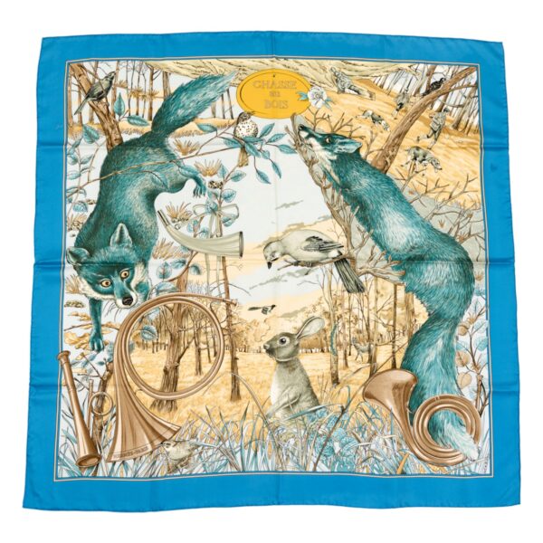 Hermes Silk Scarf Carre 90 "CHASSE au BOIS" Blue Silk Scarf