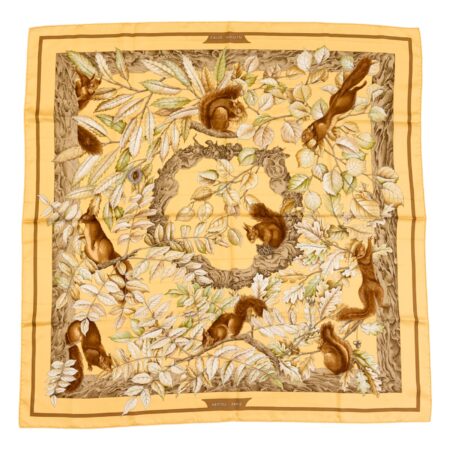 Hermes Silk Scarf Carre 90 "Casse Noisette Squirrel" Yellow Silk Scarf