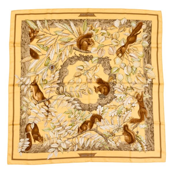 Hermes Silk Scarf Carre 90 "Casse Noisette Squirrel" Yellow Silk Scarf